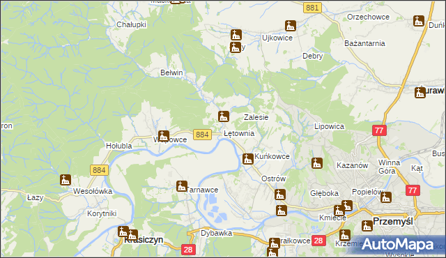mapa Łętownia gmina Przemyśl, Łętownia gmina Przemyśl na mapie Targeo