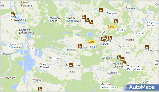 mapa Ligota gmina Kobyla Góra, Ligota gmina Kobyla Góra na mapie Targeo