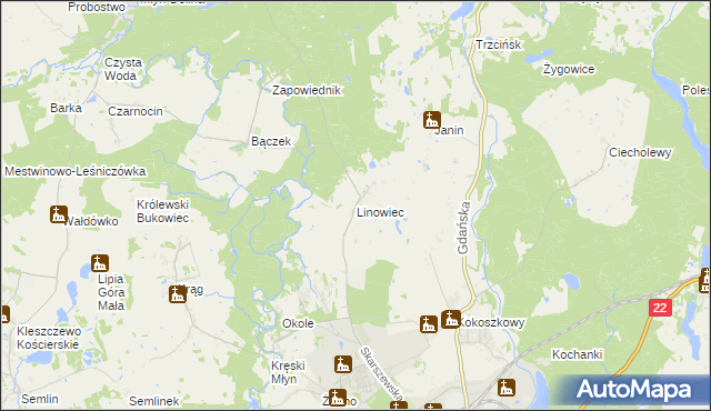 mapa Linowiec gmina Starogard Gdański, Linowiec gmina Starogard Gdański na mapie Targeo