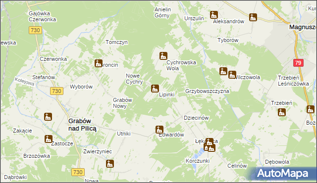 mapa Lipinki gmina Grabów nad Pilicą, Lipinki gmina Grabów nad Pilicą na mapie Targeo