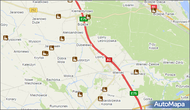 mapa Lipiny gmina Brześć Kujawski, Lipiny gmina Brześć Kujawski na mapie Targeo