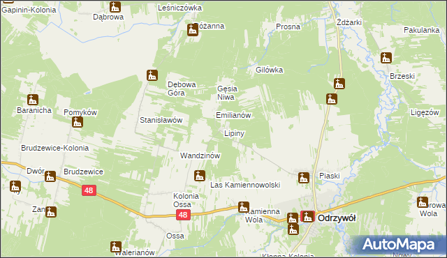 mapa Lipiny gmina Odrzywół, Lipiny gmina Odrzywół na mapie Targeo