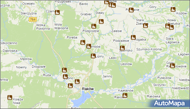 mapa Lipiny gmina Raków, Lipiny gmina Raków na mapie Targeo