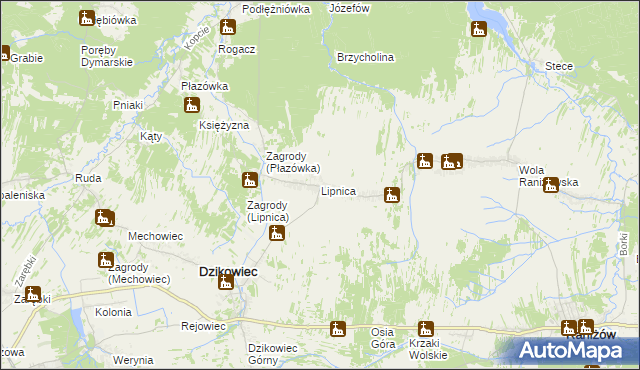 mapa Lipnica gmina Dzikowiec, Lipnica gmina Dzikowiec na mapie Targeo