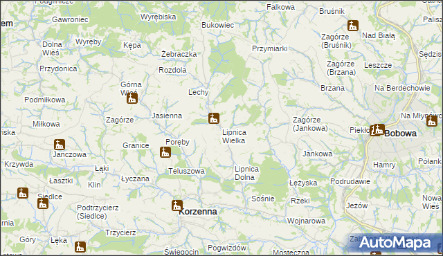 mapa Lipnica Wielka gmina Korzenna, Lipnica Wielka gmina Korzenna na mapie Targeo