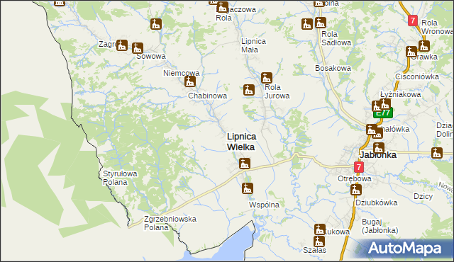 mapa Lipnica Wielka powiat nowotarski, Lipnica Wielka powiat nowotarski na mapie Targeo