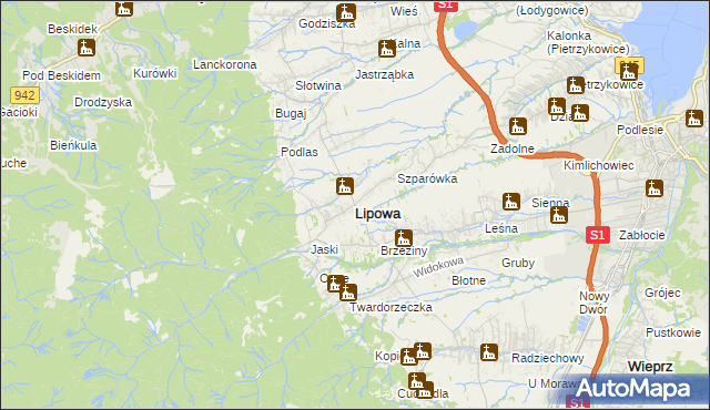 mapa Lipowa powiat żywiecki, Lipowa powiat żywiecki na mapie Targeo