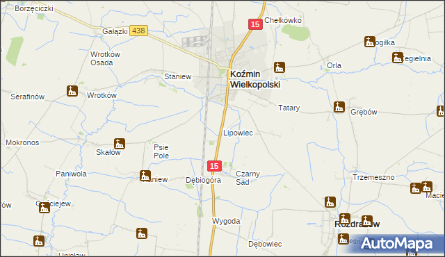 mapa Lipowiec gmina Koźmin Wielkopolski, Lipowiec gmina Koźmin Wielkopolski na mapie Targeo