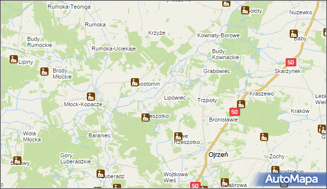 mapa Lipówiec gmina Ojrzeń, Lipówiec gmina Ojrzeń na mapie Targeo