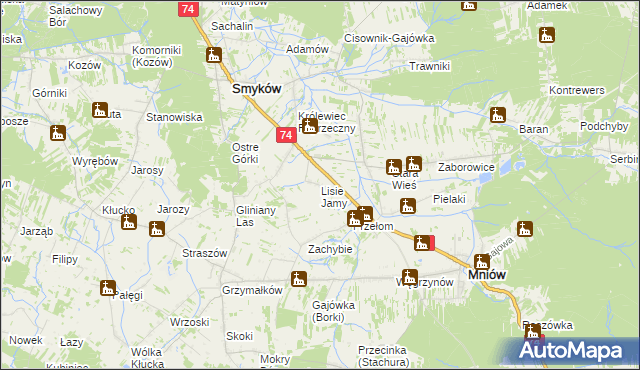 mapa Lisie Jamy gmina Mniów, Lisie Jamy gmina Mniów na mapie Targeo