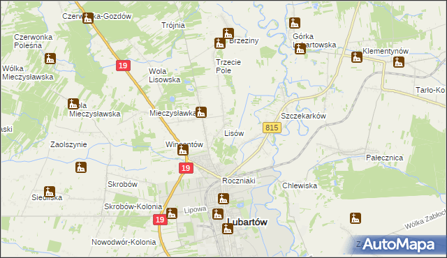 mapa Lisów gmina Lubartów, Lisów gmina Lubartów na mapie Targeo