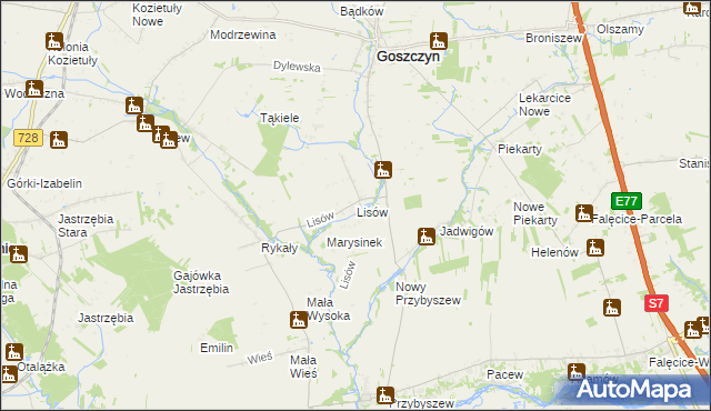 mapa Lisów gmina Promna, Lisów gmina Promna na mapie Targeo