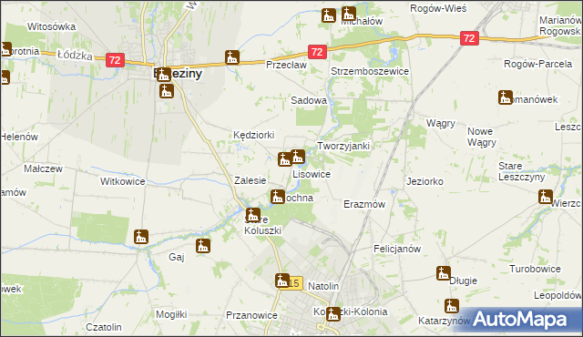 mapa Lisowice gmina Koluszki, Lisowice gmina Koluszki na mapie Targeo