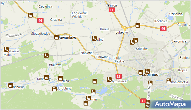 mapa Lisowice gmina Pawonków, Lisowice gmina Pawonków na mapie Targeo
