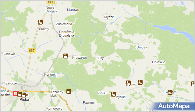 mapa Lisy gmina Biała Piska, Lisy gmina Biała Piska na mapie Targeo