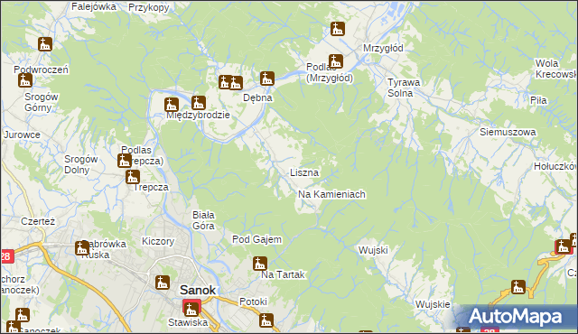 mapa Liszna gmina Sanok, Liszna gmina Sanok na mapie Targeo