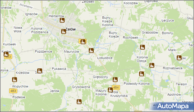 mapa Łobudzice gmina Zelów, Łobudzice gmina Zelów na mapie Targeo