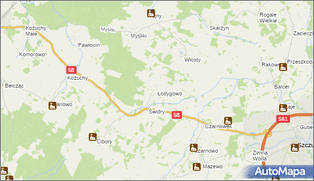 mapa Łodygowo gmina Biała Piska, Łodygowo gmina Biała Piska na mapie Targeo