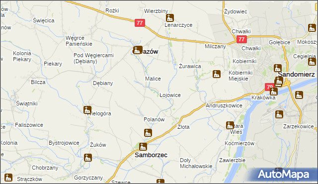 mapa Łojowice gmina Samborzec, Łojowice gmina Samborzec na mapie Targeo