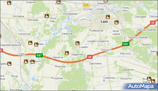 mapa Łopatki gmina Łask, Łopatki gmina Łask na mapie Targeo