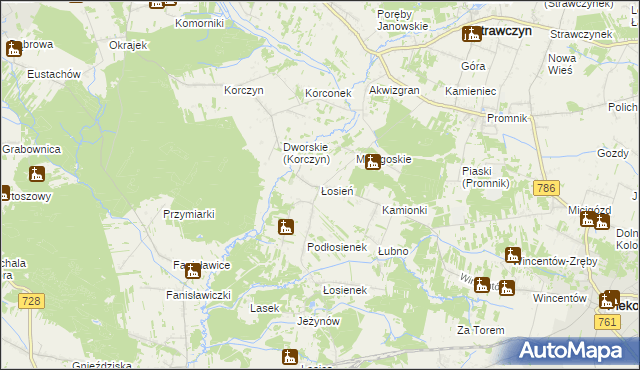 mapa Łosień gmina Piekoszów, Łosień gmina Piekoszów na mapie Targeo
