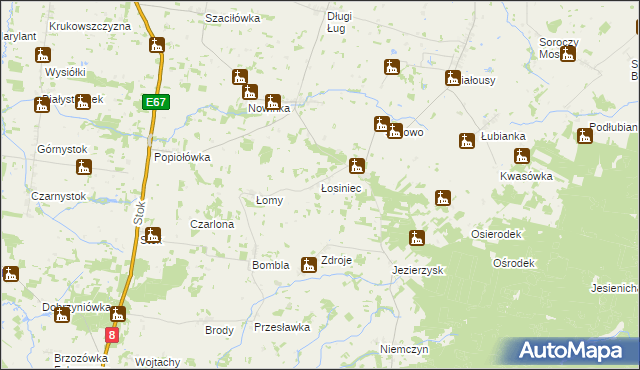 mapa Łosiniec gmina Korycin, Łosiniec gmina Korycin na mapie Targeo