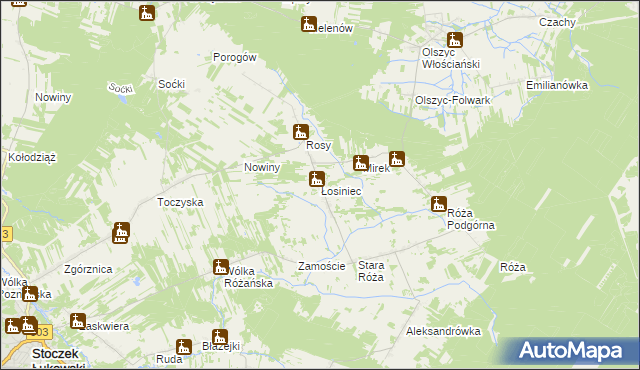 mapa Łosiniec gmina Stoczek Łukowski, Łosiniec gmina Stoczek Łukowski na mapie Targeo