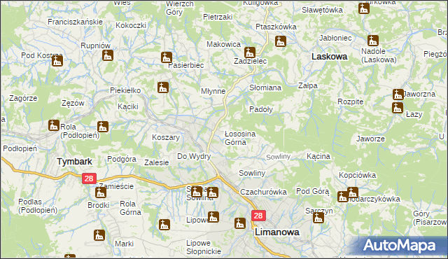 mapa Łososina Górna, Łososina Górna na mapie Targeo