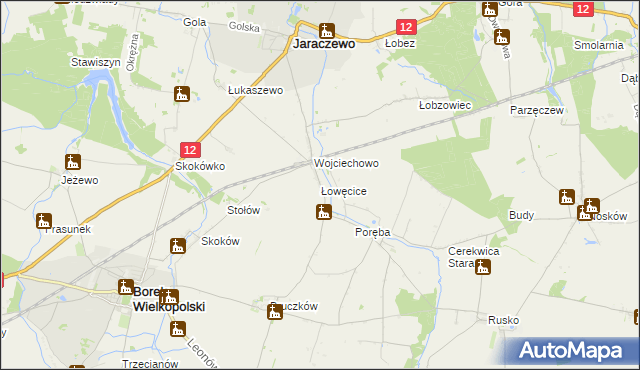 mapa Łowęcice gmina Jaraczewo, Łowęcice gmina Jaraczewo na mapie Targeo