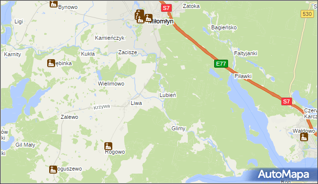 mapa Lubień gmina Miłomłyn, Lubień gmina Miłomłyn na mapie Targeo