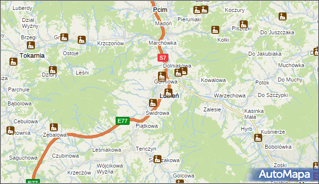 mapa Lubień powiat myślenicki, Lubień powiat myślenicki na mapie Targeo