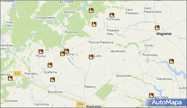 mapa Łubki gmina Radomin, Łubki gmina Radomin na mapie Targeo