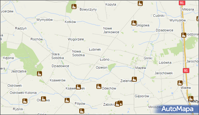 mapa Łubno gmina Daszyna, Łubno gmina Daszyna na mapie Targeo