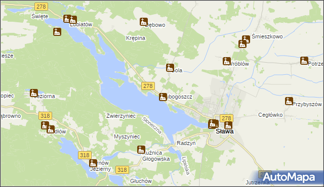 mapa Lubogoszcz gmina Sława, Lubogoszcz gmina Sława na mapie Targeo