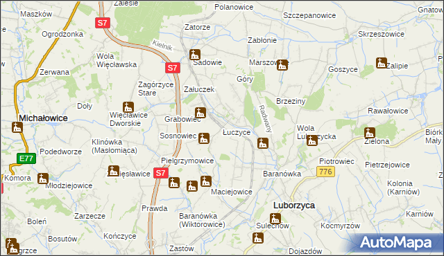 mapa Łuczyce gmina Kocmyrzów-Luborzyca, Łuczyce gmina Kocmyrzów-Luborzyca na mapie Targeo