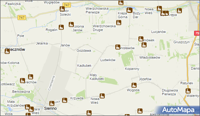 mapa Ludwików gmina Sienno, Ludwików gmina Sienno na mapie Targeo