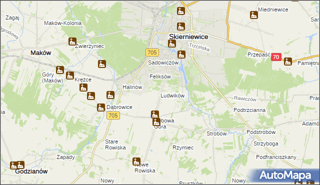 mapa Ludwików gmina Skierniewice, Ludwików gmina Skierniewice na mapie Targeo