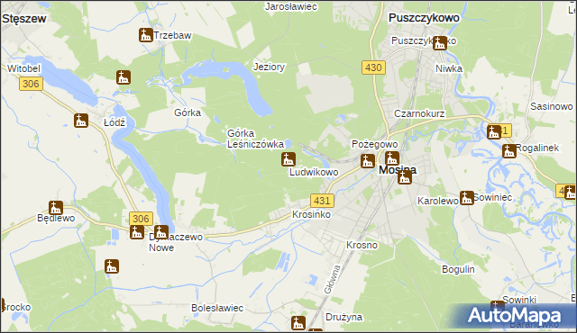 mapa Ludwikowo gmina Mosina, Ludwikowo gmina Mosina na mapie Targeo