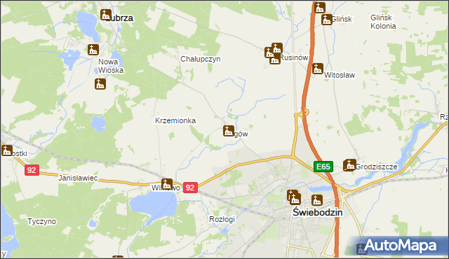 mapa Ługów gmina Świebodzin, Ługów gmina Świebodzin na mapie Targeo