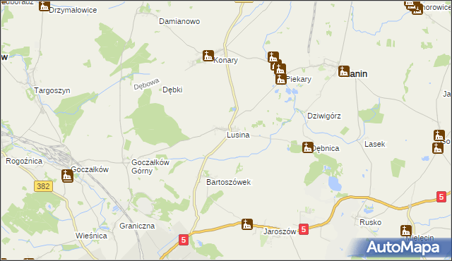 mapa Lusina gmina Udanin, Lusina gmina Udanin na mapie Targeo