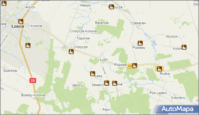 mapa Łuzki gmina Łosice, Łuzki gmina Łosice na mapie Targeo