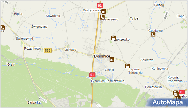 mapa Łysomice powiat toruński, Łysomice powiat toruński na mapie Targeo