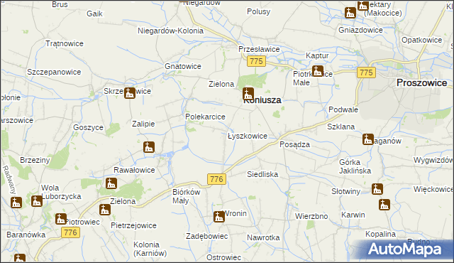 mapa Łyszkowice gmina Koniusza, Łyszkowice gmina Koniusza na mapie Targeo