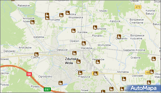 mapa Maciejów gmina Zduńska Wola, Maciejów gmina Zduńska Wola na mapie Targeo