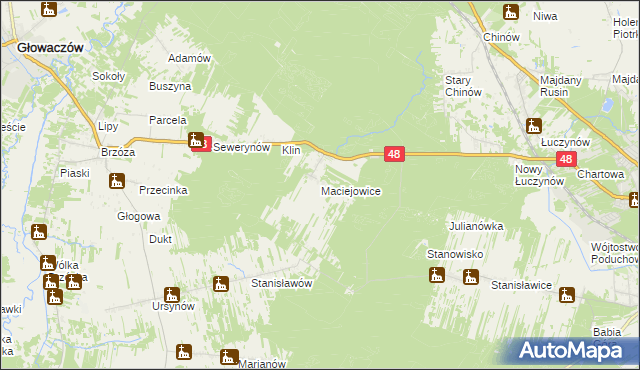 mapa Maciejowice gmina Głowaczów, Maciejowice gmina Głowaczów na mapie Targeo