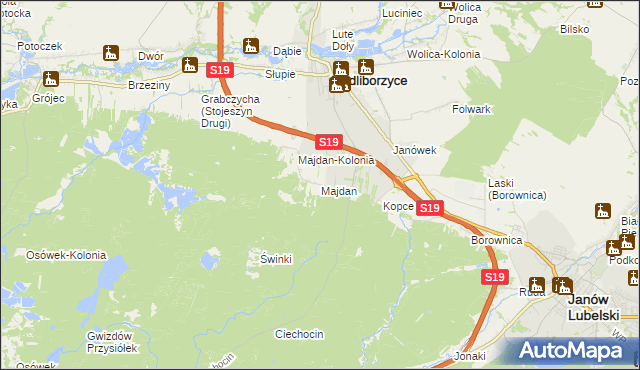 mapa Majdan gmina Modliborzyce, Majdan gmina Modliborzyce na mapie Targeo