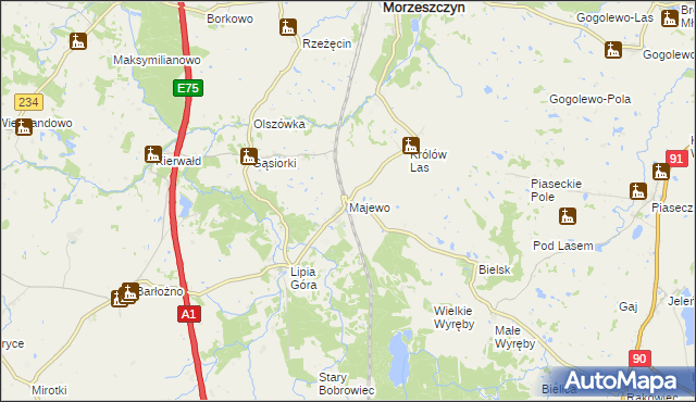 mapa Majewo gmina Morzeszczyn, Majewo gmina Morzeszczyn na mapie Targeo