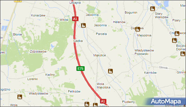 mapa Mąkolice gmina Głowno, Mąkolice gmina Głowno na mapie Targeo