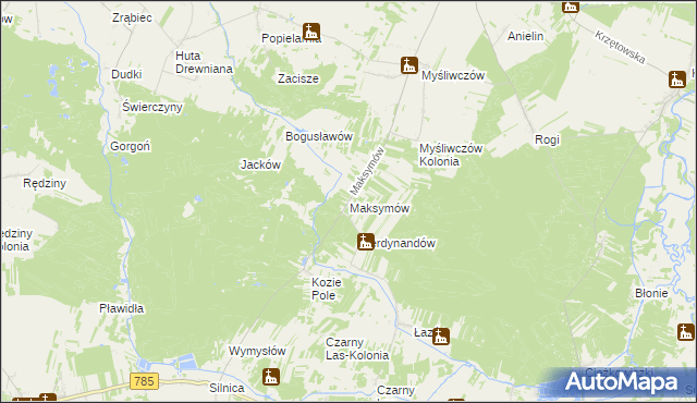 mapa Maksymów gmina Wielgomłyny, Maksymów gmina Wielgomłyny na mapie Targeo