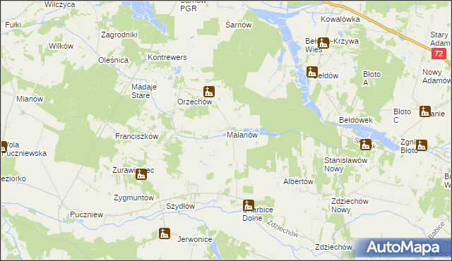 mapa Malanów gmina Lutomiersk, Malanów gmina Lutomiersk na mapie Targeo